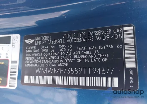 2009 Mini Cooper S from USA, damaged, VIN WMWMF73589TT94677